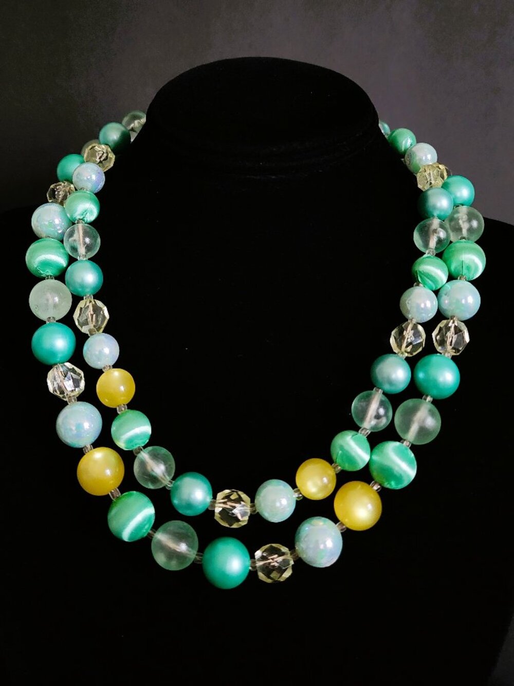 Vintage 1950s Signed Japan 2-Strand Lucite Moonglow Necklace Lemon Lime 18-20"